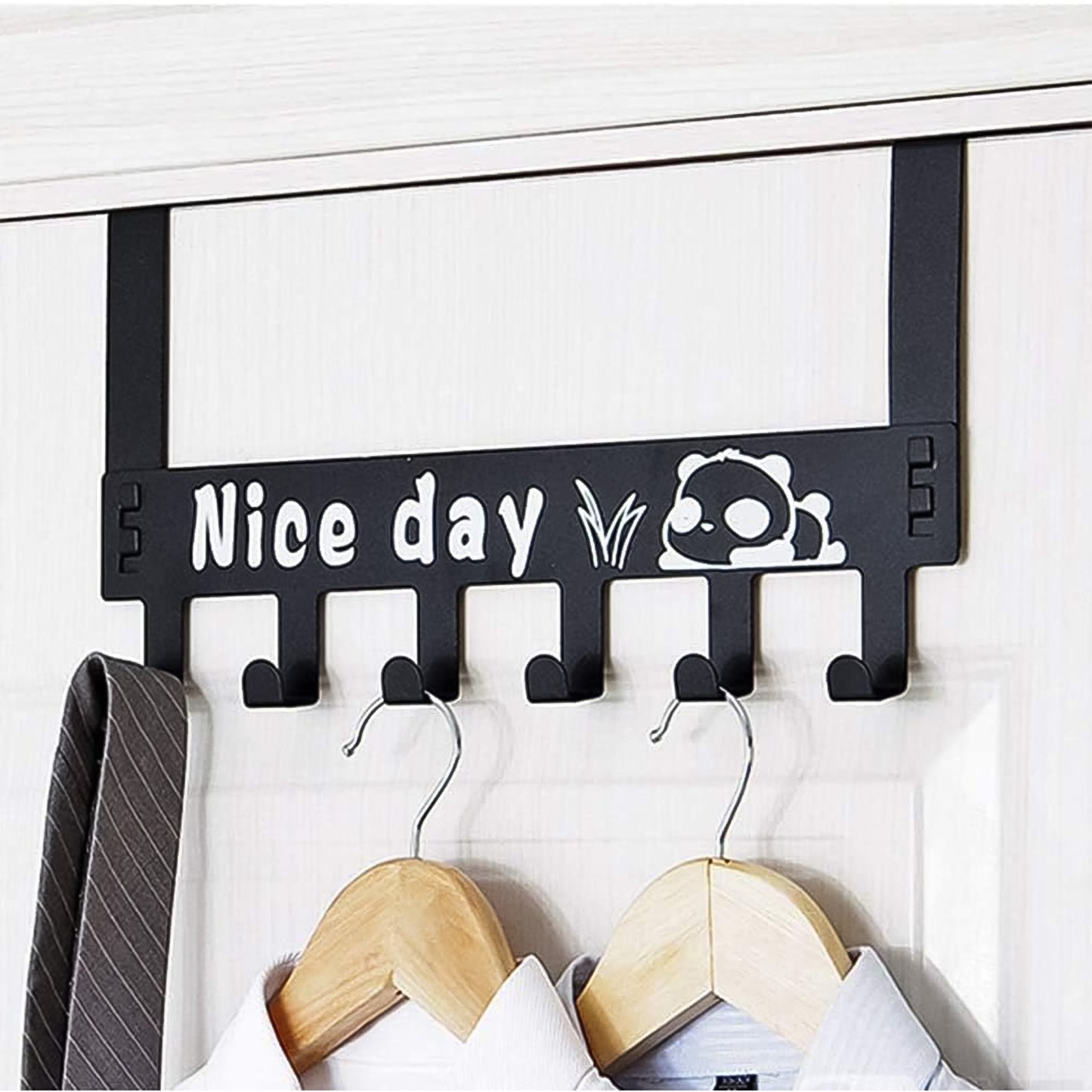 Heavy-duty black carbon steel door hook hanger rack with six hooks for home organization by Wukusy.