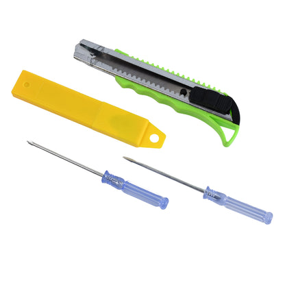 Wukusy heavy-duty cutter knife with replacement blades and 2 screwdrivers in a 4-piece home improvement tool set.