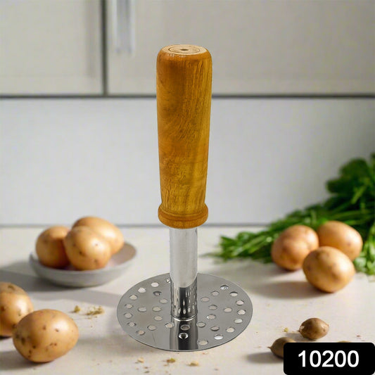 Wukusy stainless steel potato masher with wooden handle, ideal for paubhaji and pav bhaji, sturdy kitchen tool for home cooking.