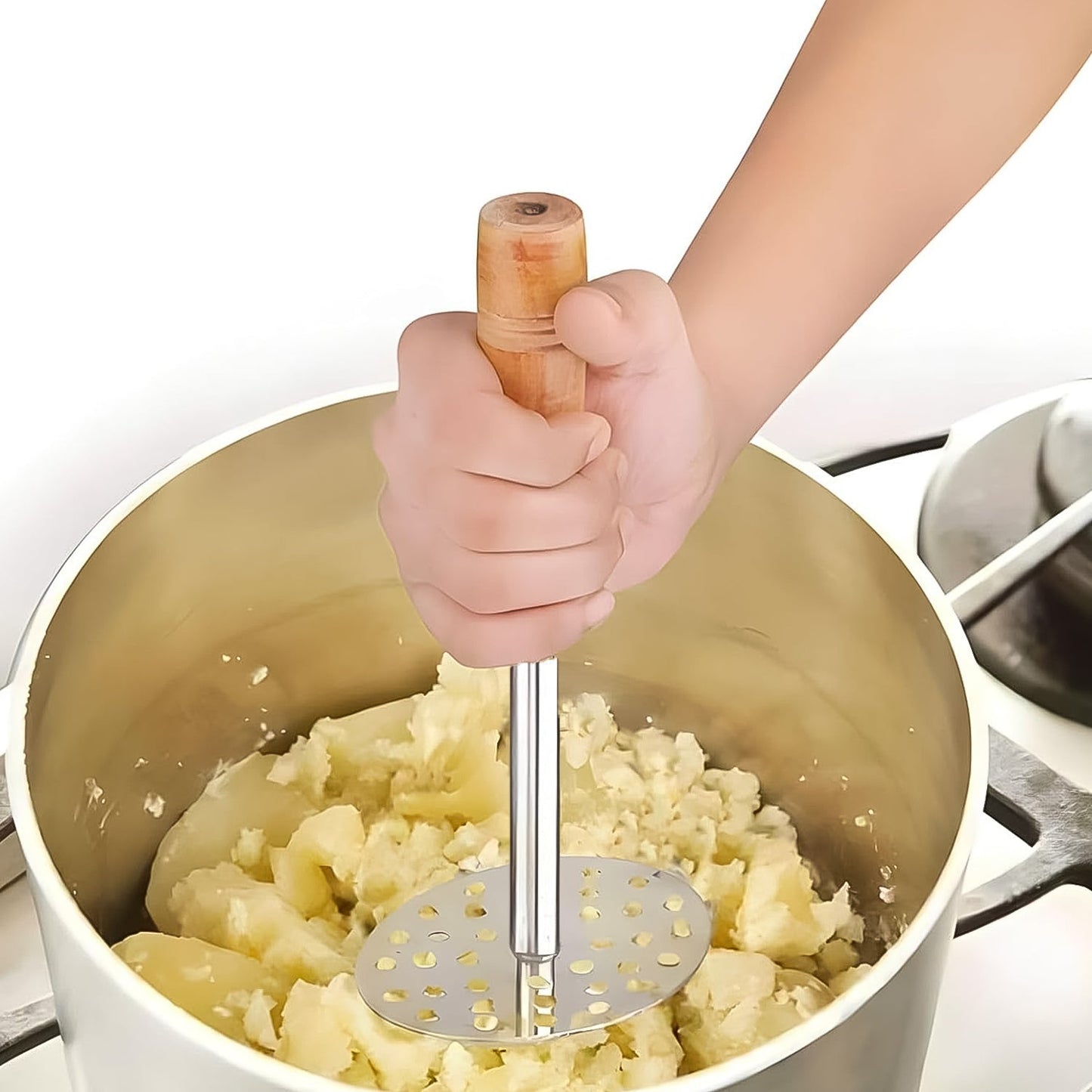 High grade stainless steel potato masher with wooden handle for pav bhaji, ideal for home cooking and food preparation.