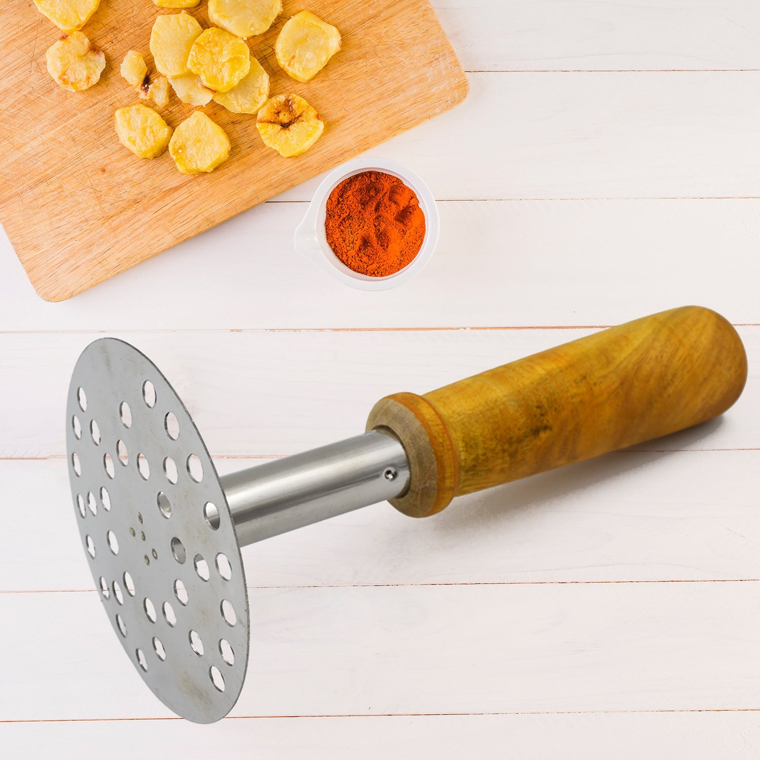 Wukusy high-grade stainless steel potato masher with wooden handle, ideal for Pav Bhaji and home cooking.