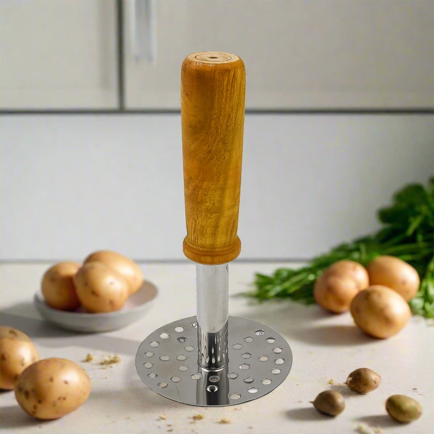 Stainless steel potato masher with wooden handle by Wukusy, ideal for pav bhaji and home cooking.