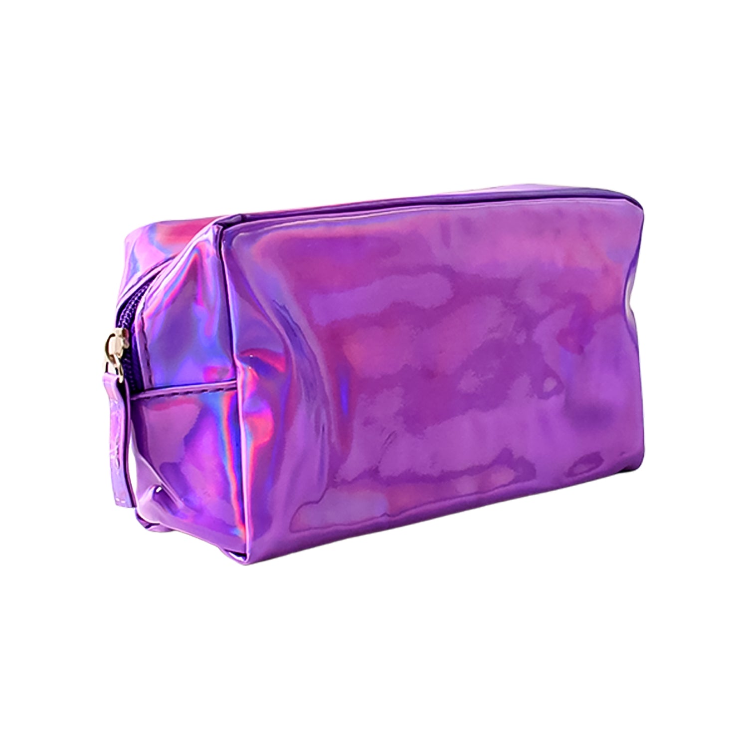 Holographic shiny waterproof travel cosmetic pouch by Wukusy, ideal for organizing makeup and toiletries on the go.