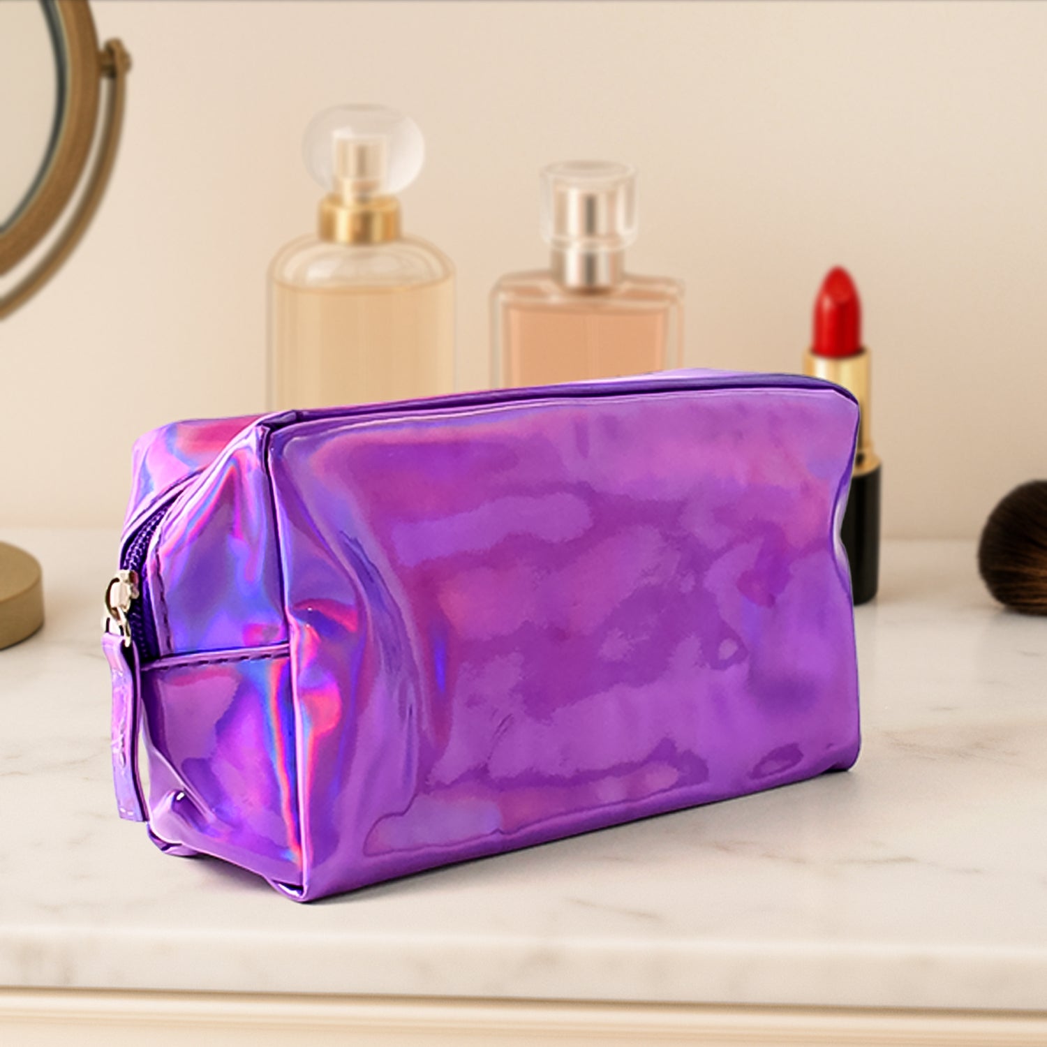 Shiny holographic waterproof travel cosmetic pouch by Wukusy, designed for organizing toiletries and makeup on the go.