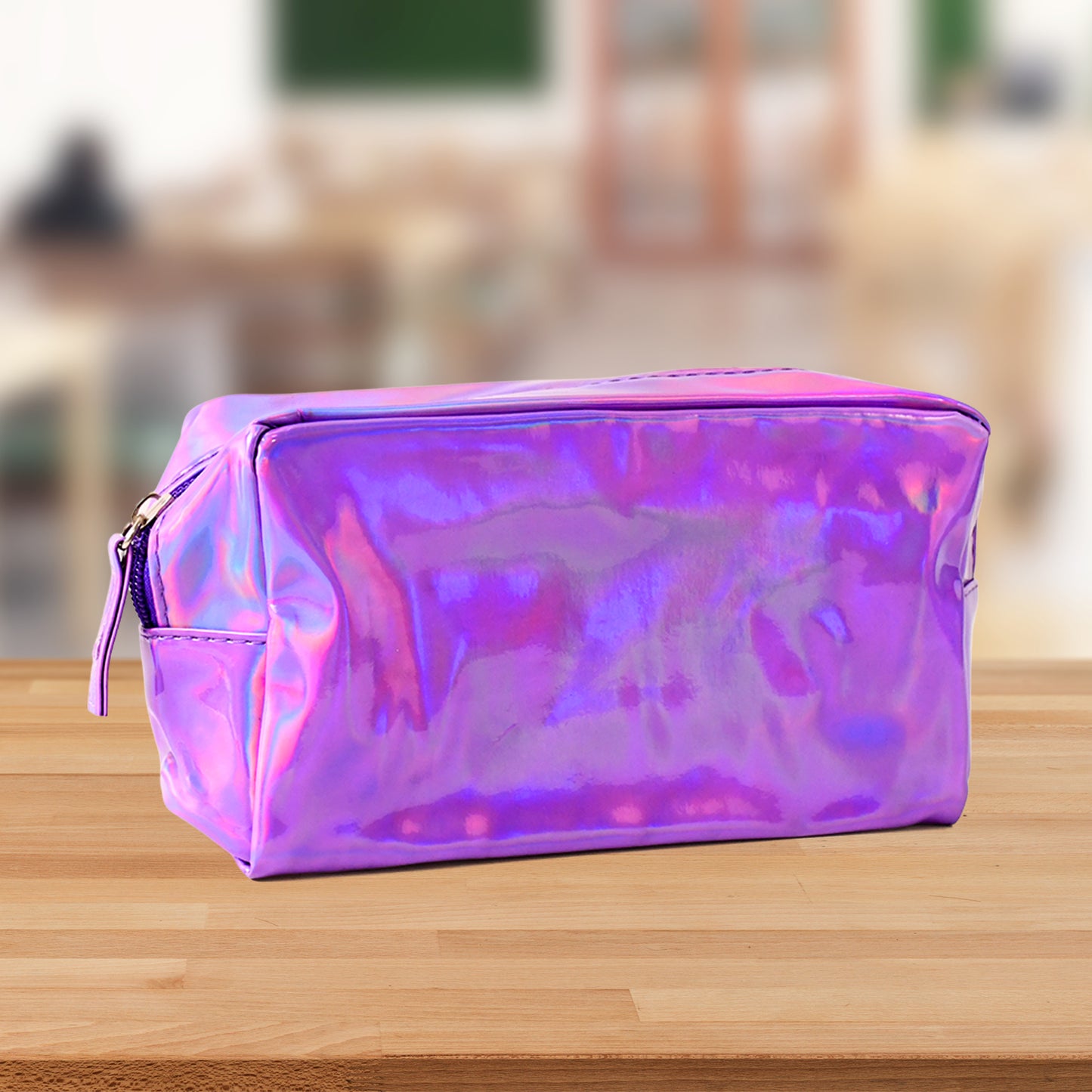 Holographic shiny waterproof travel cosmetic pouch by Wukusy, designed for organizing toiletries and makeup accessories.