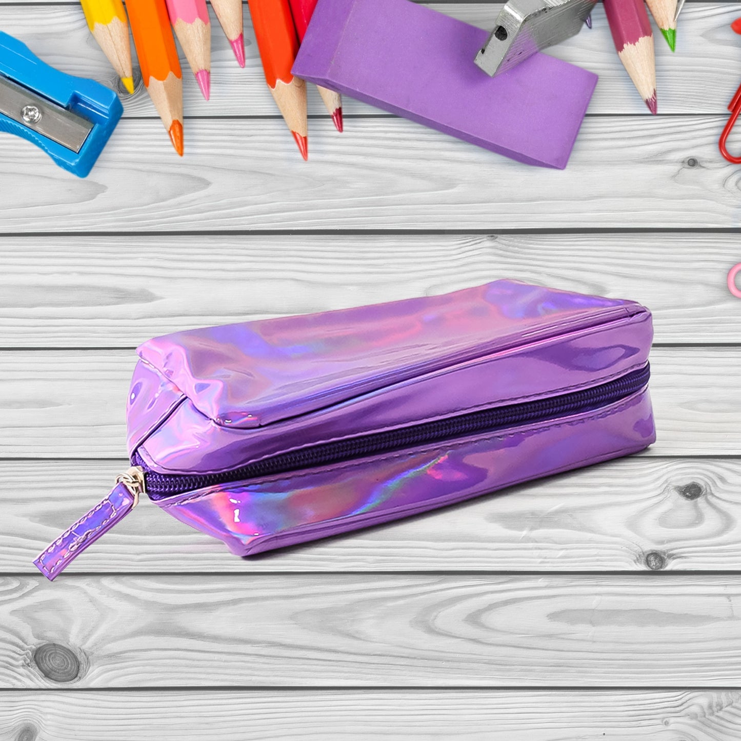 Holographic shiny waterproof travel cosmetic pouch by Wukusy, ideal for organizing toiletries and makeup on the go.