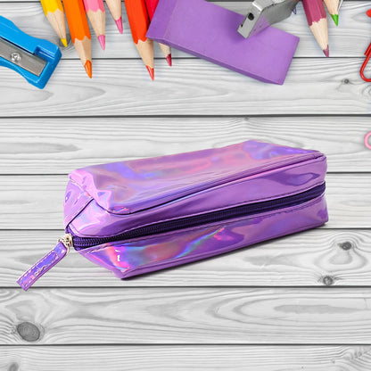 Holographic shiny waterproof travel cosmetic pouch by Wukusy, ideal for organizing toiletries and makeup on the go.