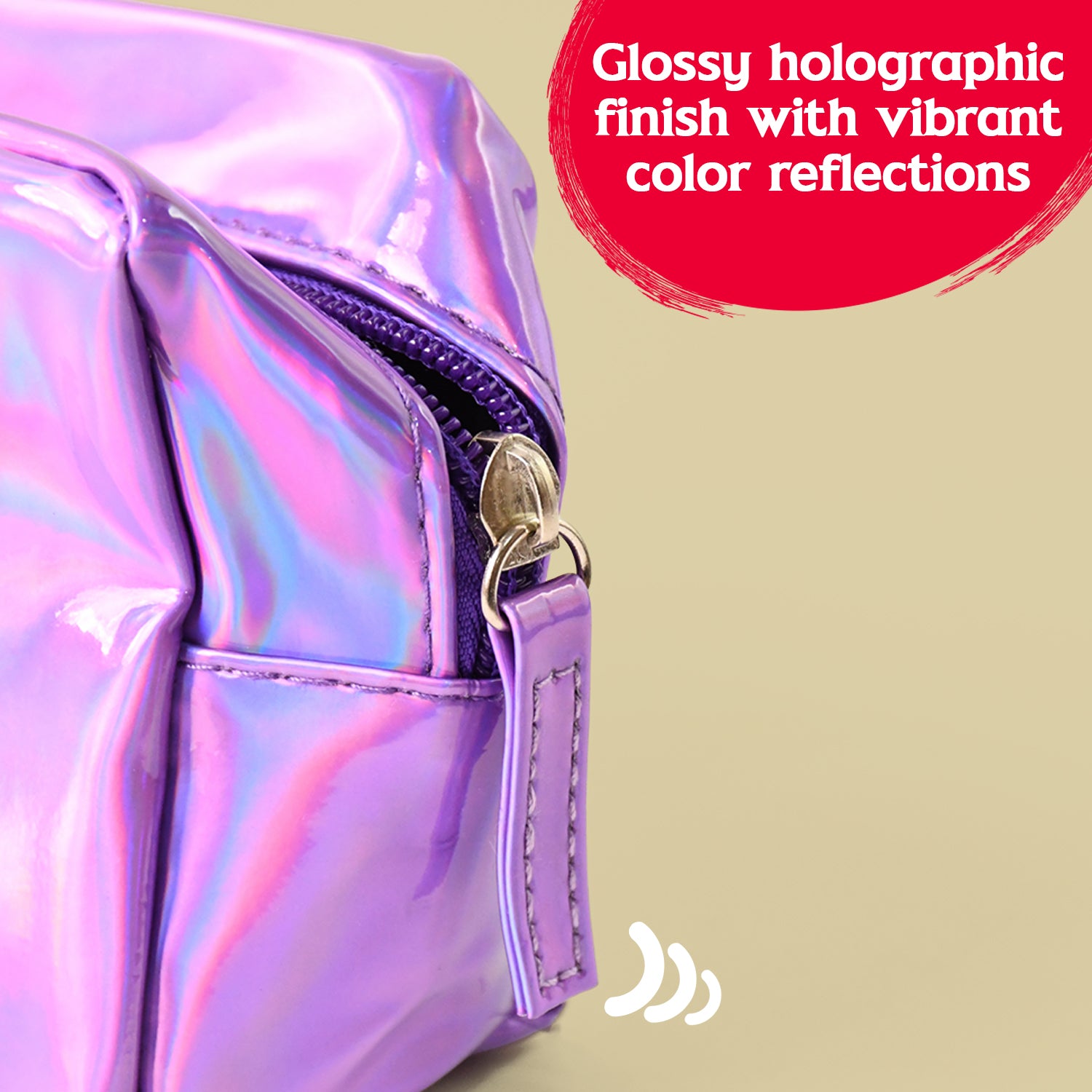 Holographic shiny waterproof travel cosmetic pouch by Wukusy, ideal for organizing makeup and toiletries on the go.