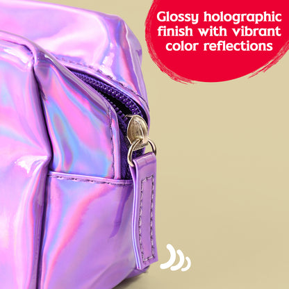Holographic shiny waterproof travel cosmetic pouch by Wukusy, ideal for organizing makeup and toiletries on the go.