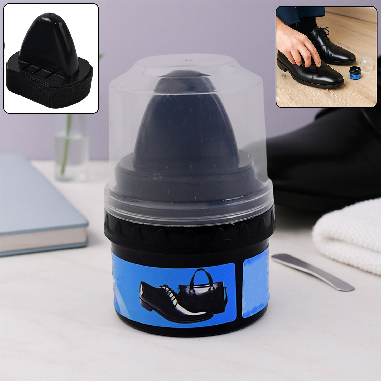 Wukusy instant shoe shine sponge with liquid polish for quick, easy footwear cleaning and polishing at home.