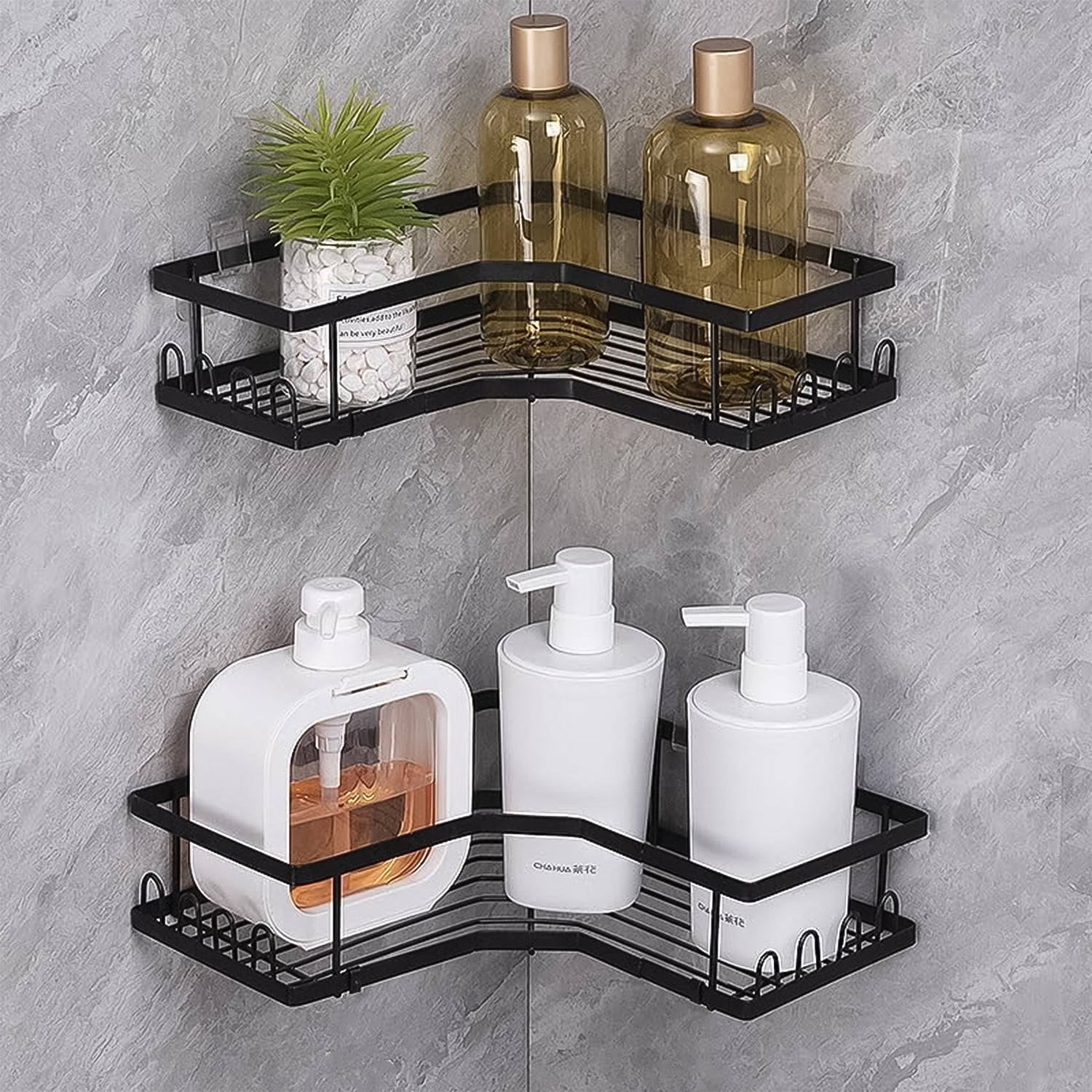 Wukusy iron coating self-adhesive corner shelf organizer set in a home improvement setting, showing two compact corner storage units