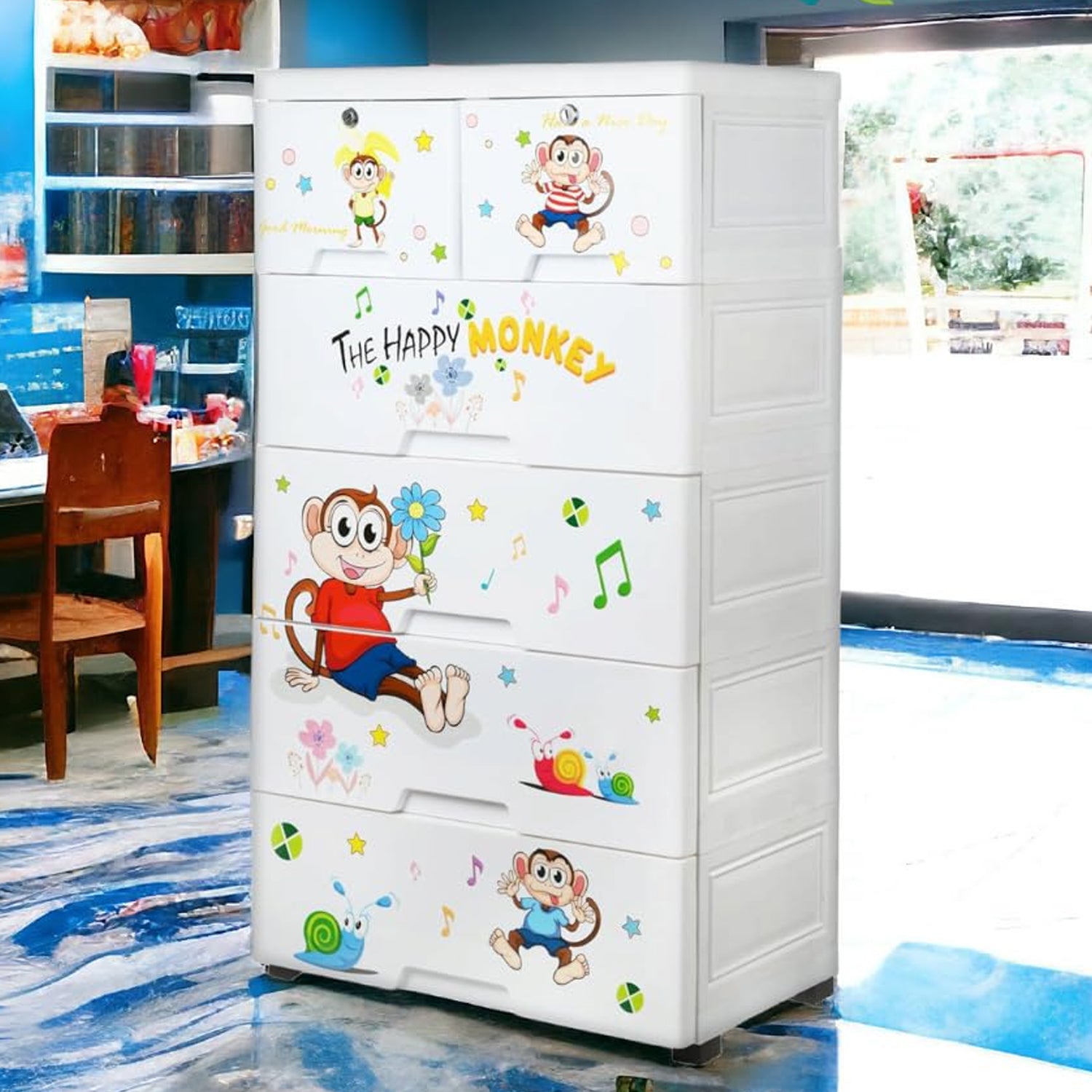Kids plastic chest of 6 drawers storage organizer, multi-purpose wardrobe by Wukusy, ideal for children's room organization.