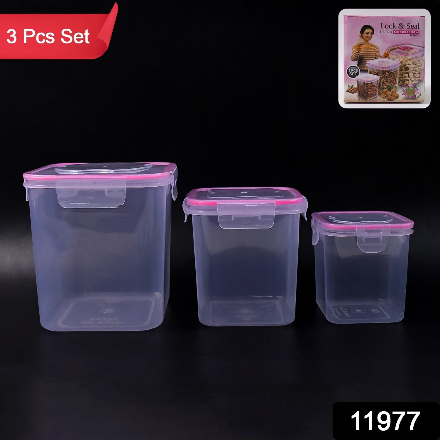 Wukusy kitchen storage container set of 3 with 1500ml, 1000ml, and 500ml plastic jars for pantry organization.