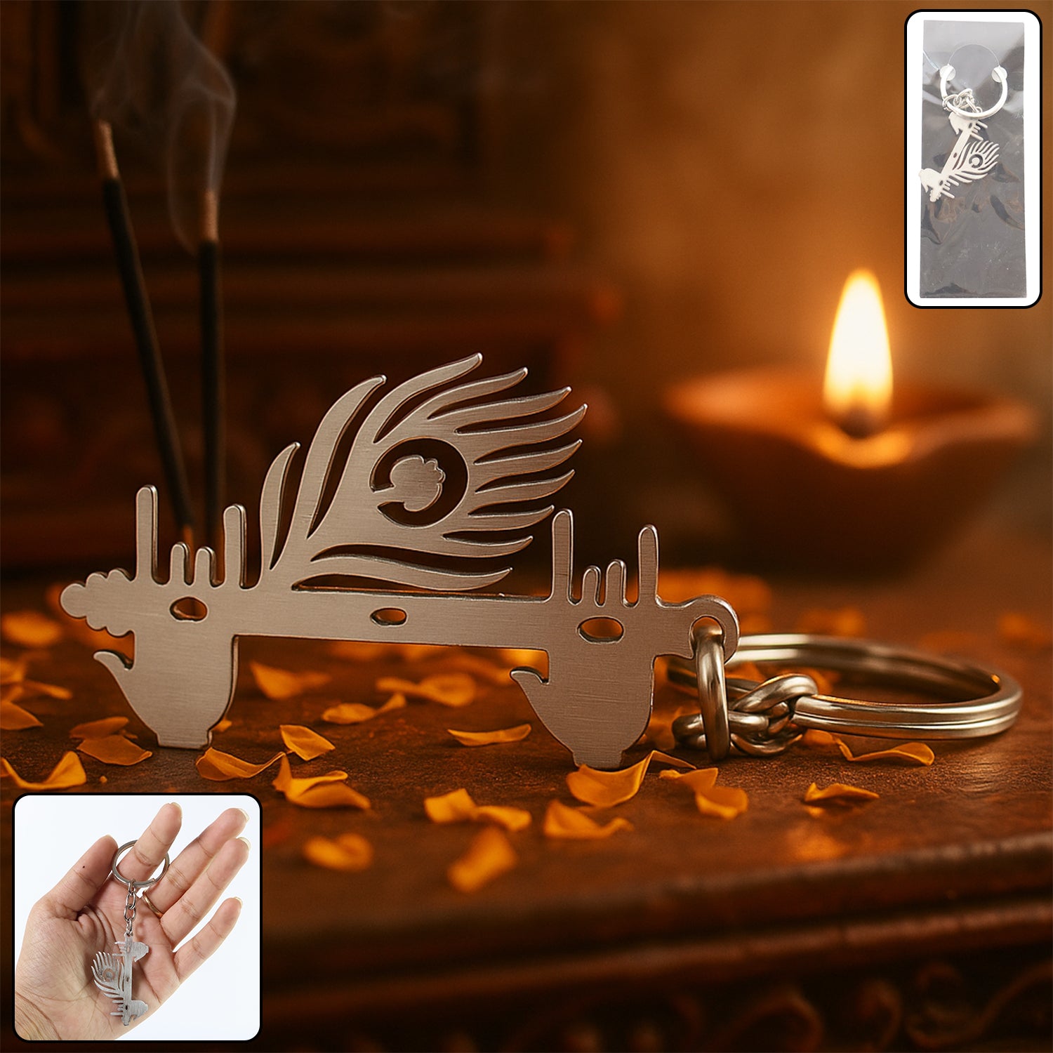 Krishna Flute and Peacock Feather metal keychain by Wukusy, featuring intricate design and durable metal construction.
