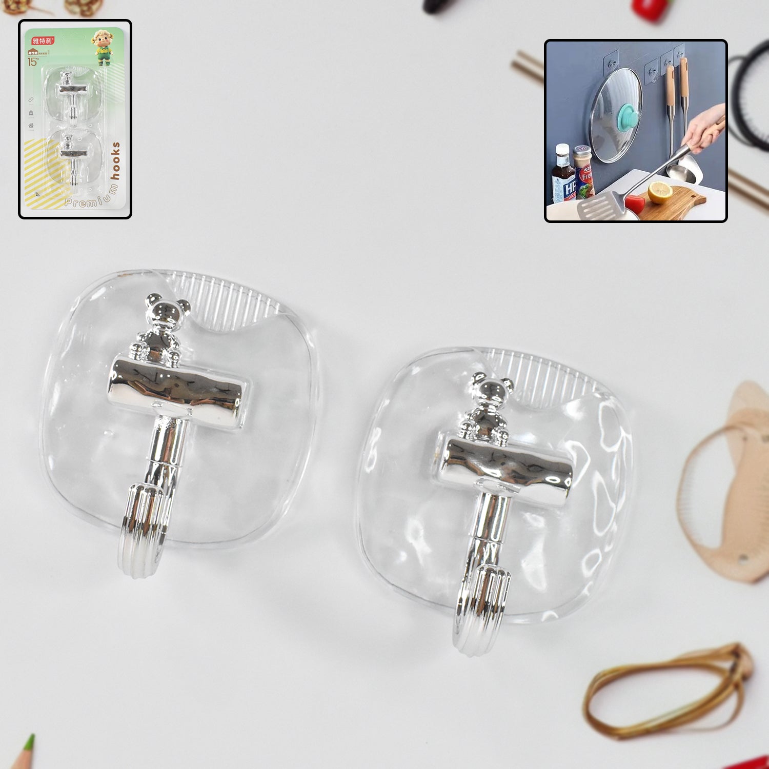 Wukusy large plastic self-adhesive wall hooks, 2-piece set for home improvement, mounted on a wall for hanging items.