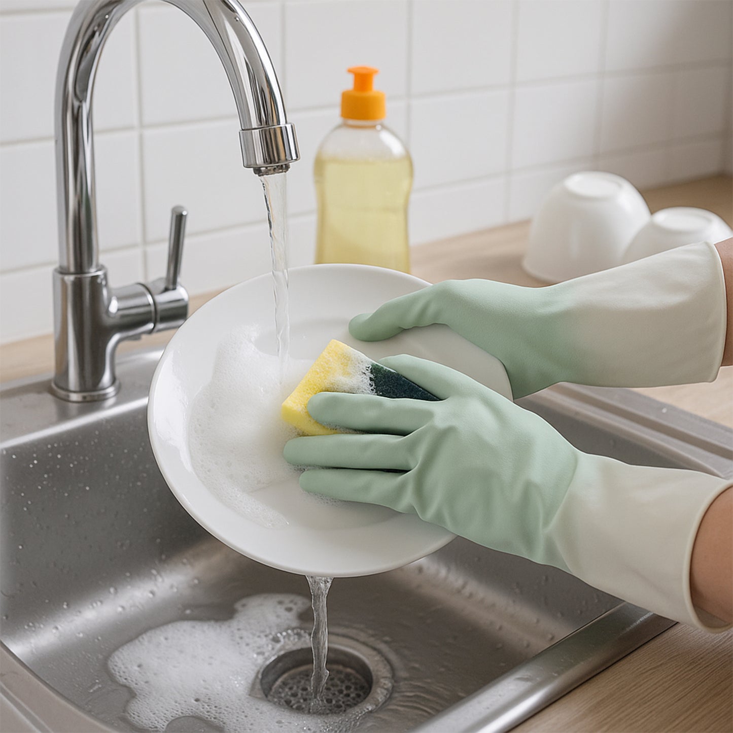 Wukusy latex household gloves, 2 pairs in mixed colors, for home improvement tasks and household cleaning.