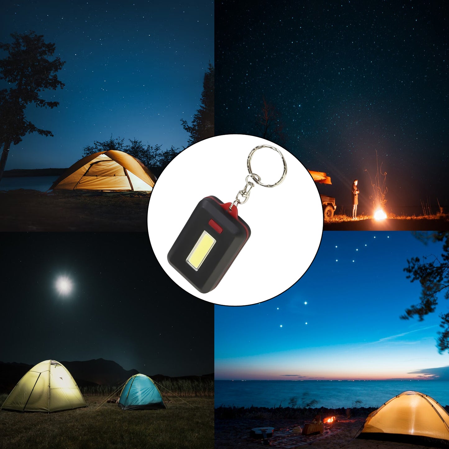 Wukusy LED keychain COB light with hook and loop sticker, three light modes, compact home improvement tool, battery not included.