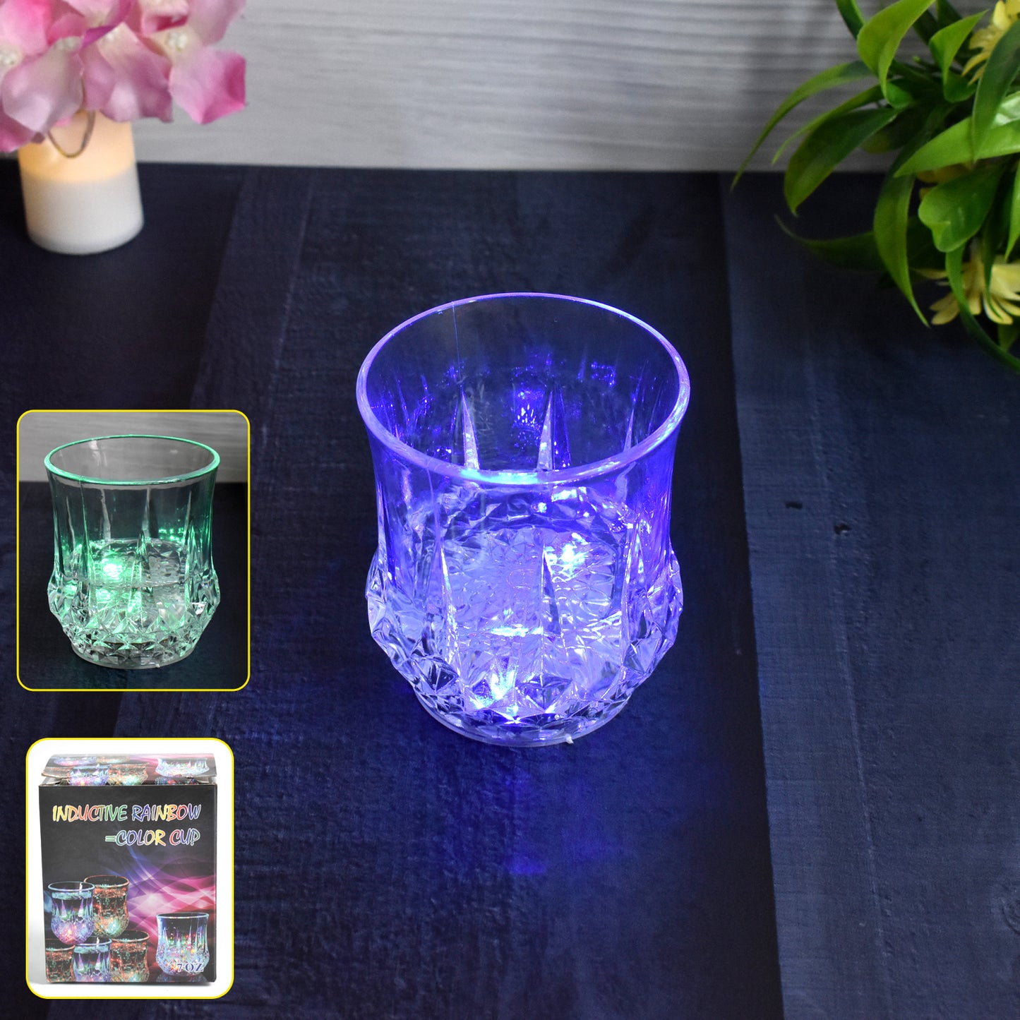 Wukusy LED light-up cup with water, rainbow color-changing LED, designed for home improvement, showing the illuminated cup.