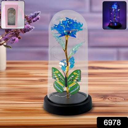 Wukusy LED-powered eternal rose in clear plastic dome, home decor, battery not included, elegant floral display.