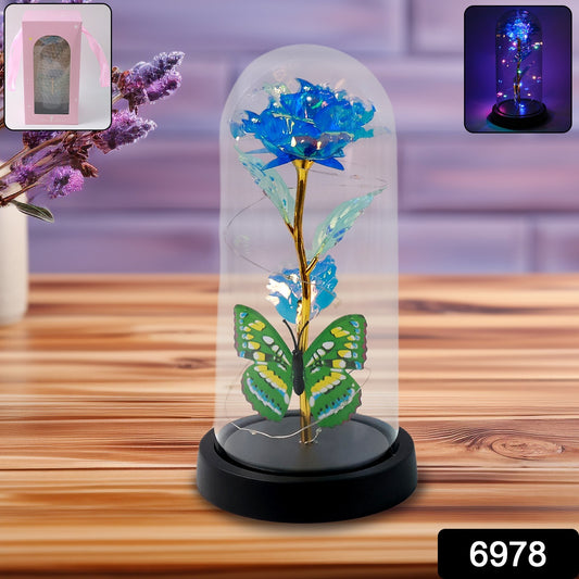 Wukusy LED-powered eternal rose in clear plastic dome, home decor, battery not included, elegant floral display.