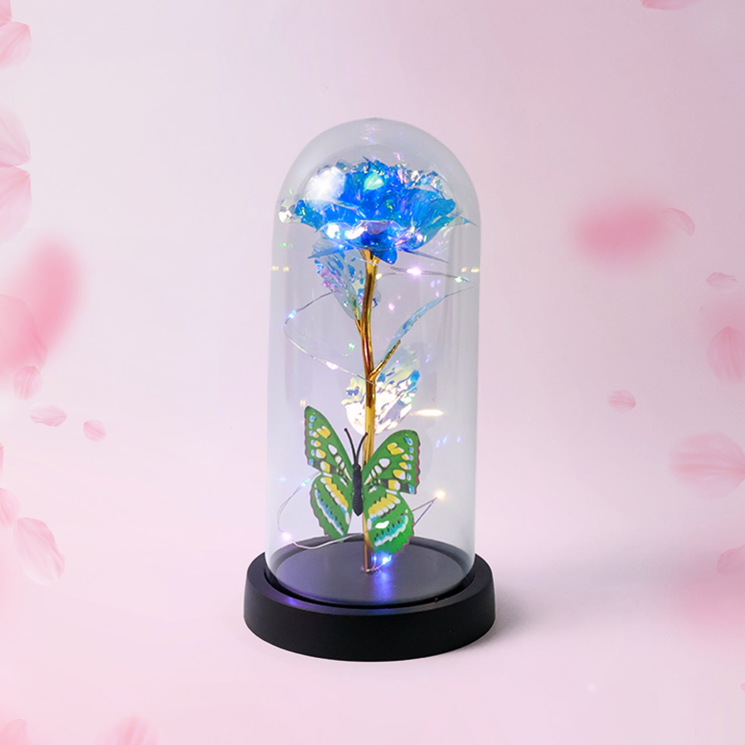 Wukusy LED-powered eternal rose in clear plastic dome, decorative home improvement flower display, battery not included