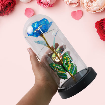 Wukusy LED-powered eternal rose in clear plastic dome, decorative home improvement piece, battery not included.
