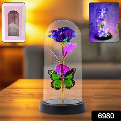 Wukusy LED preserved rose with colorful butterfly inside clear plastic dome, decorative home improvement floral display.