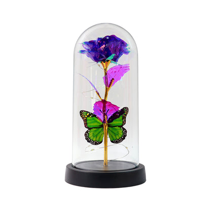 Wukusy LED preserved rose with colorful butterfly inside a clear plastic dome, decorative home improvement floral display in mixed colors.