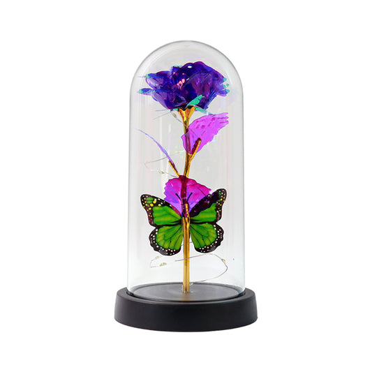 Wukusy LED preserved rose with colorful butterfly inside a clear plastic dome, decorative home improvement floral display in mixed colors.