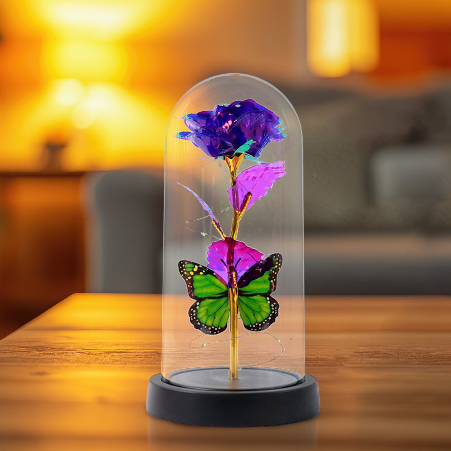Wukusy LED preserved rose with colorful butterfly in clear plastic dome, decorative home improvement floral display, mixed colors.