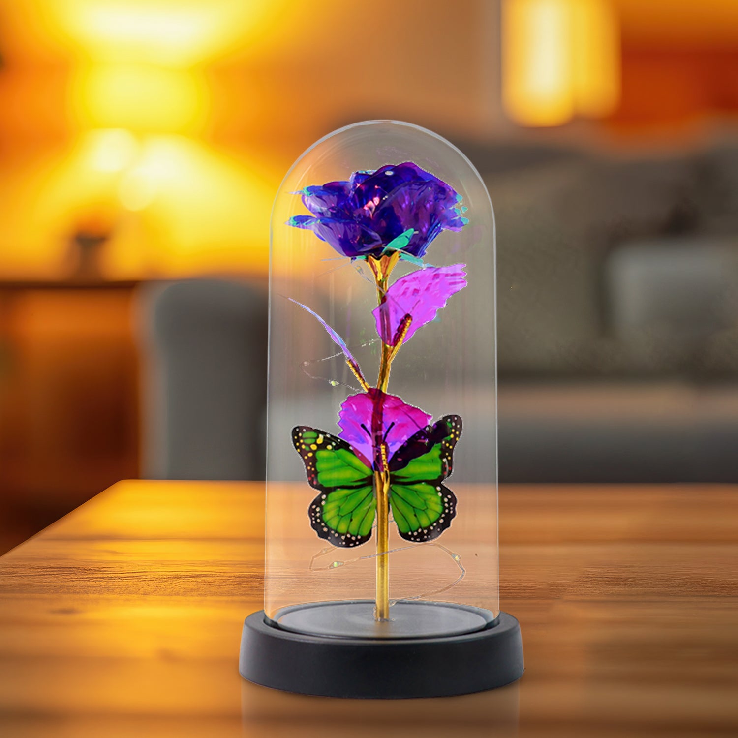 Wukusy LED preserved rose with colorful butterfly in clear plastic dome, decorative home improvement floral display, mixed colors.
