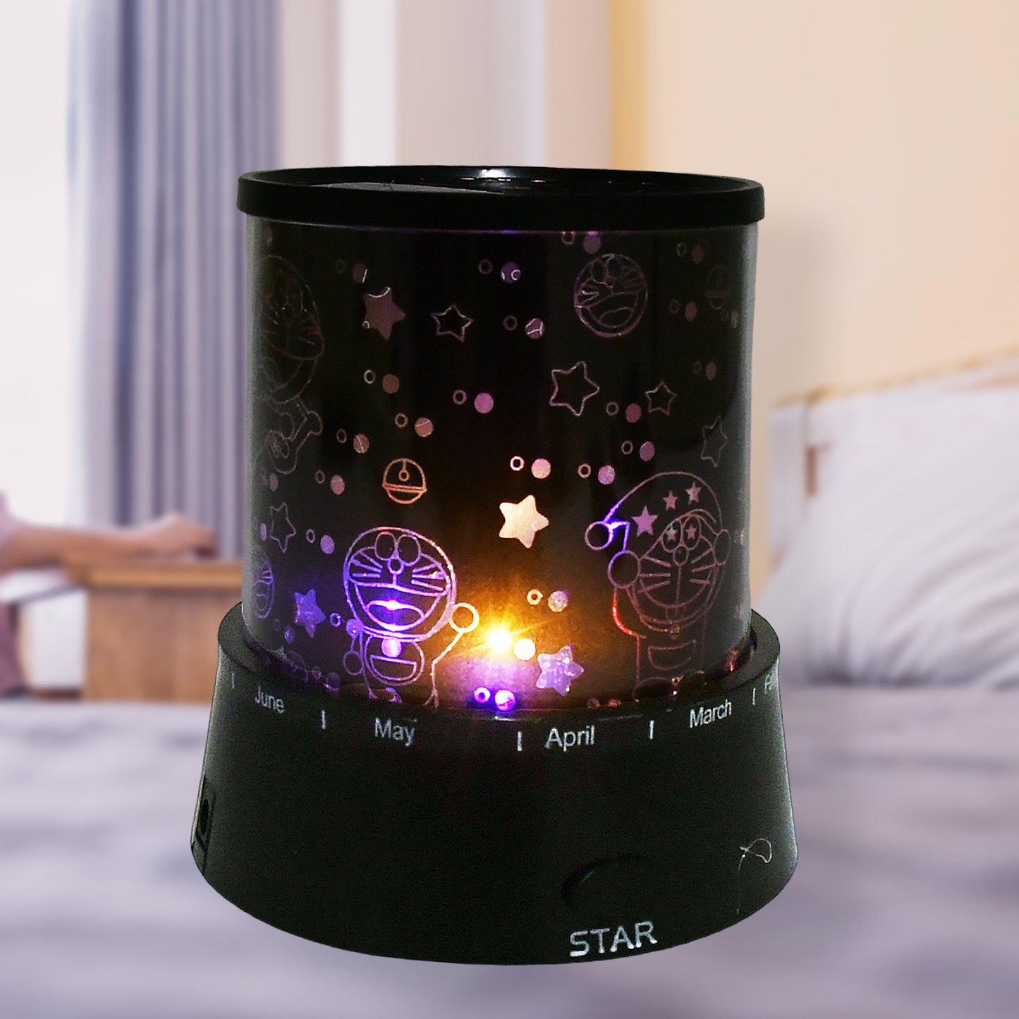 Wukusy LED projector night light with rotating lamps and music function, ideal for kids' bedrooms and home decor, battery not included.
