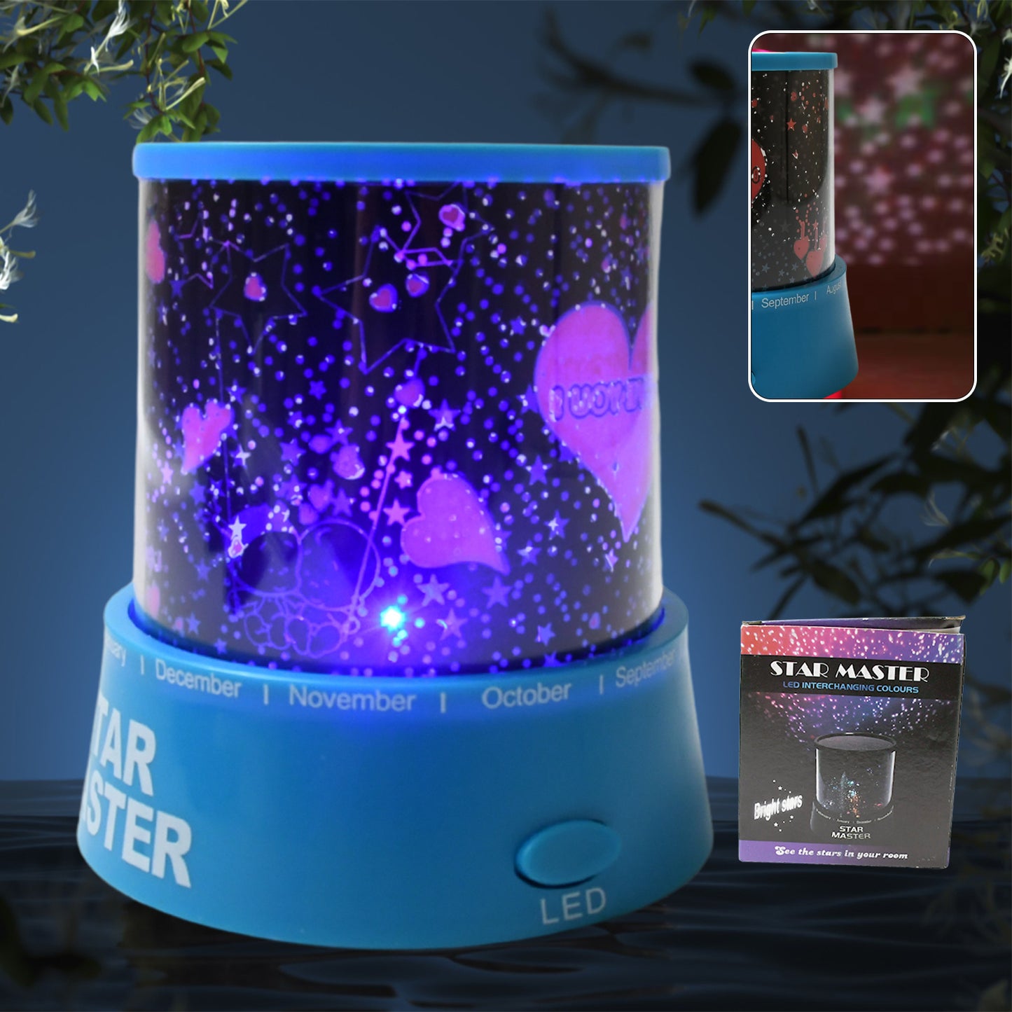 Wukusy LED projector night light with rotating lamps and music function, ideal for kids' bedrooms and home decoration.