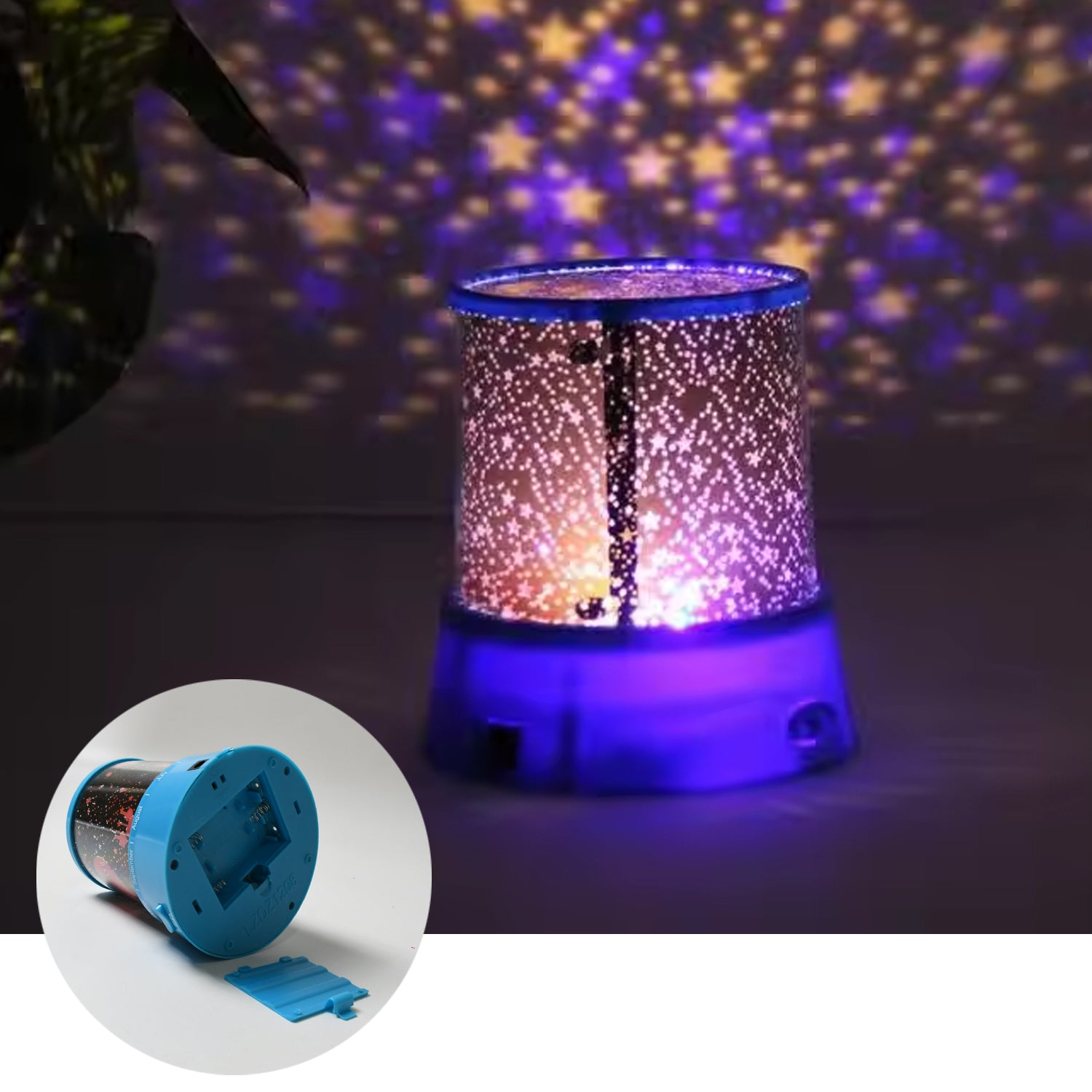 Wukusy LED projector night light with rotation and music function, battery-operated lamp for kids' bedrooms and home decor.