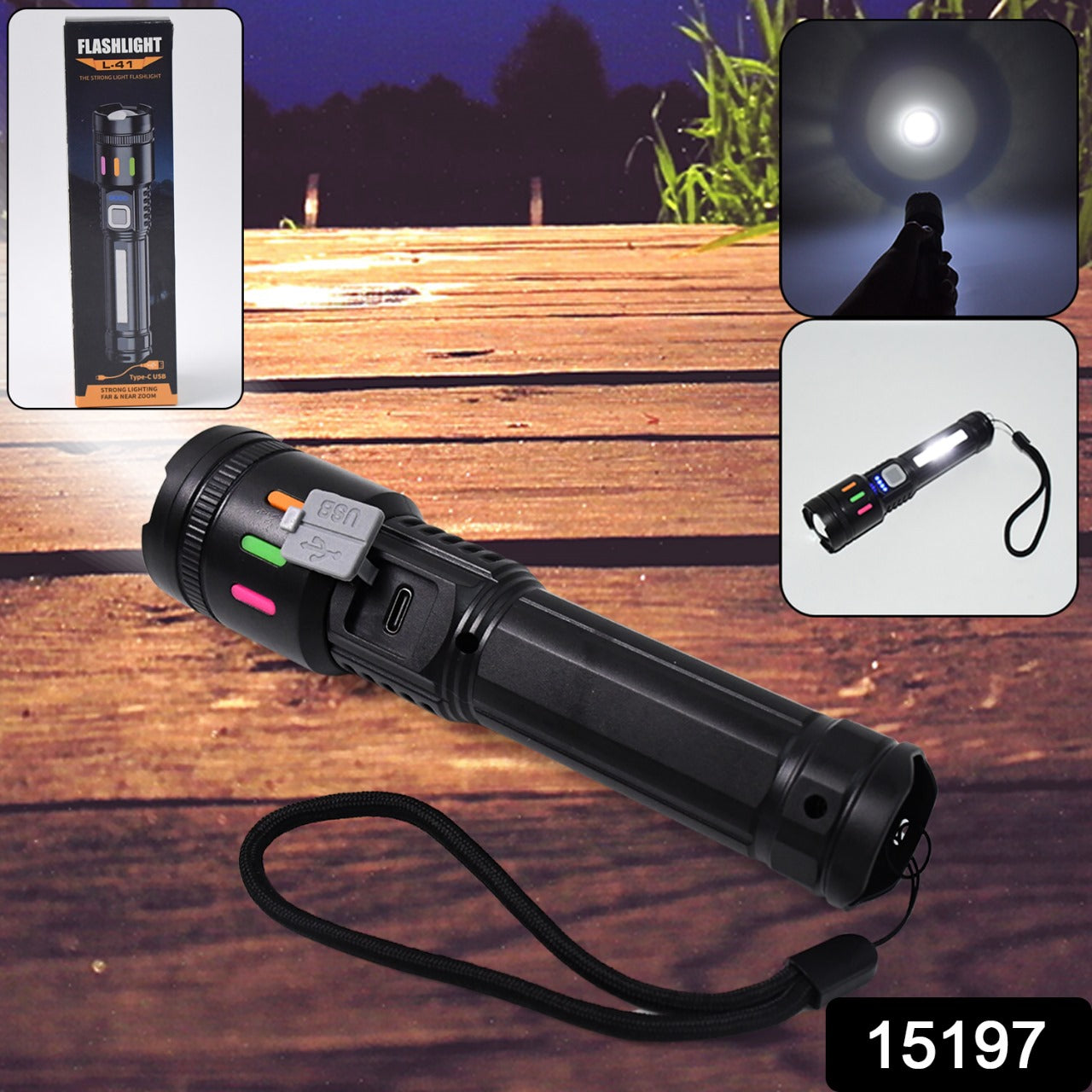 Wukusy LED torch flashlight with high lumens, fast charging, adjustable zoom for far and near illumination.