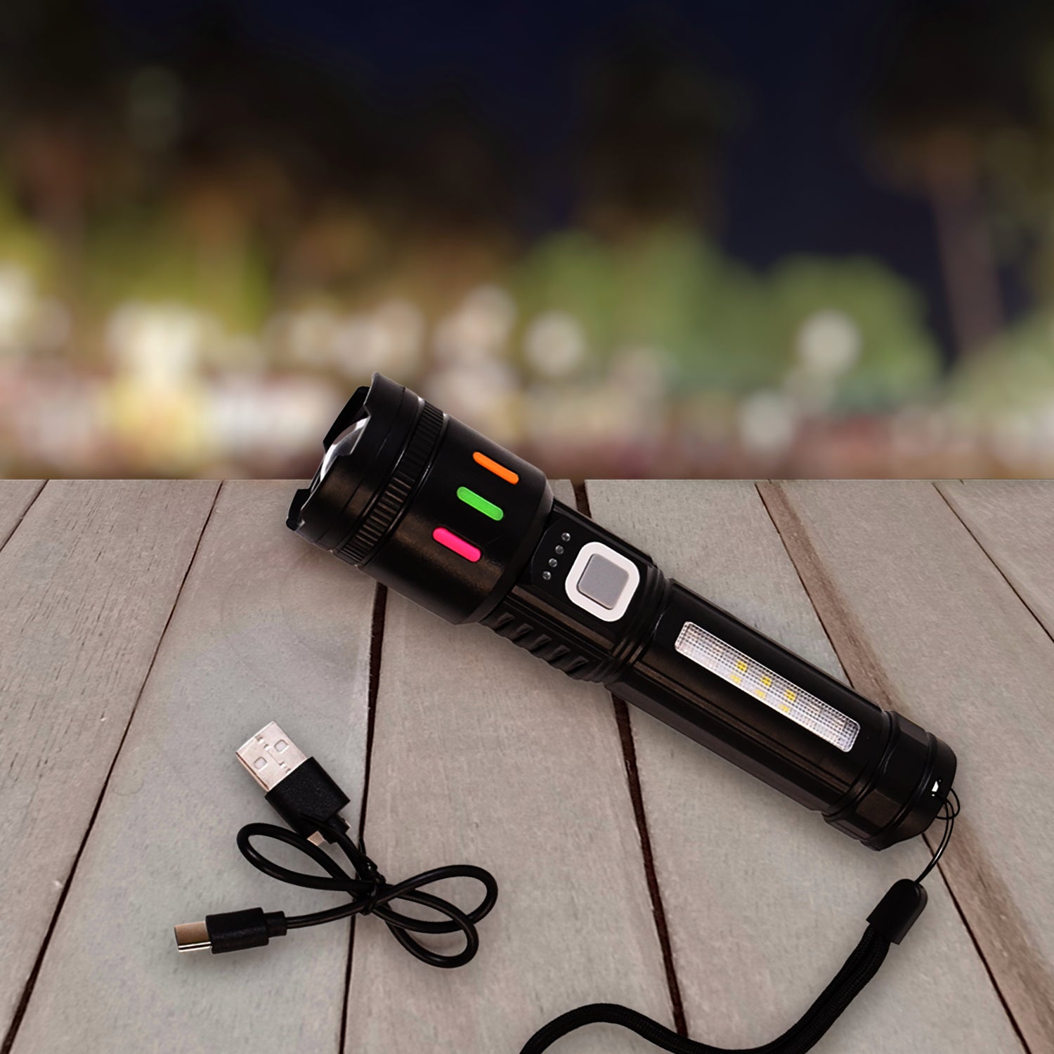 Wukusy LED torch flashlight with high lumens, fast charging, and zoom feature for far and near illumination, suitable for home improvement.