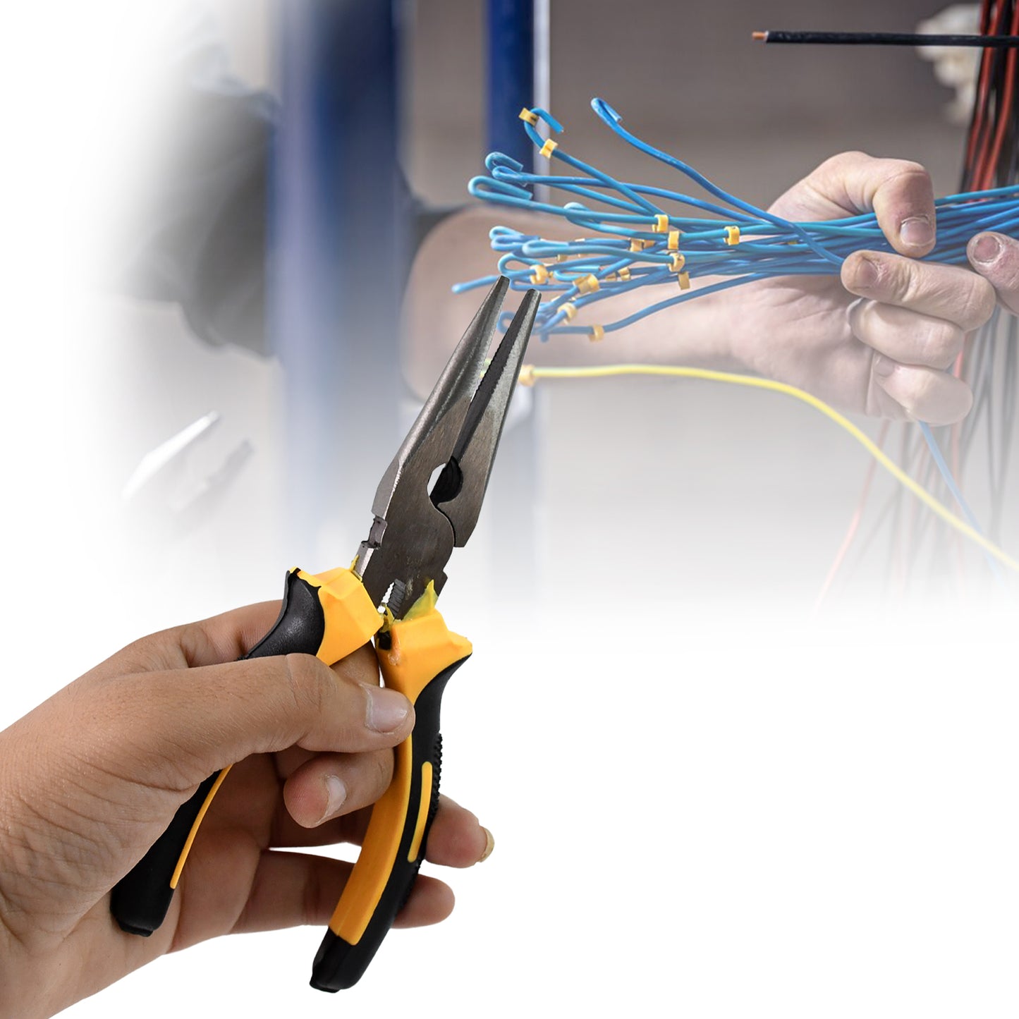 Wukusy 2-piece home improvement tool set with long nose pliers and flat mouth pliers, featuring metallic handles and gripping jaws.