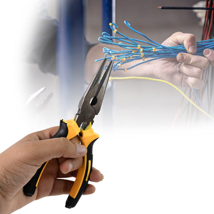 Wukusy 2-piece home improvement tool set with long nose pliers and flat mouth pliers, featuring metallic handles and gripping jaws.