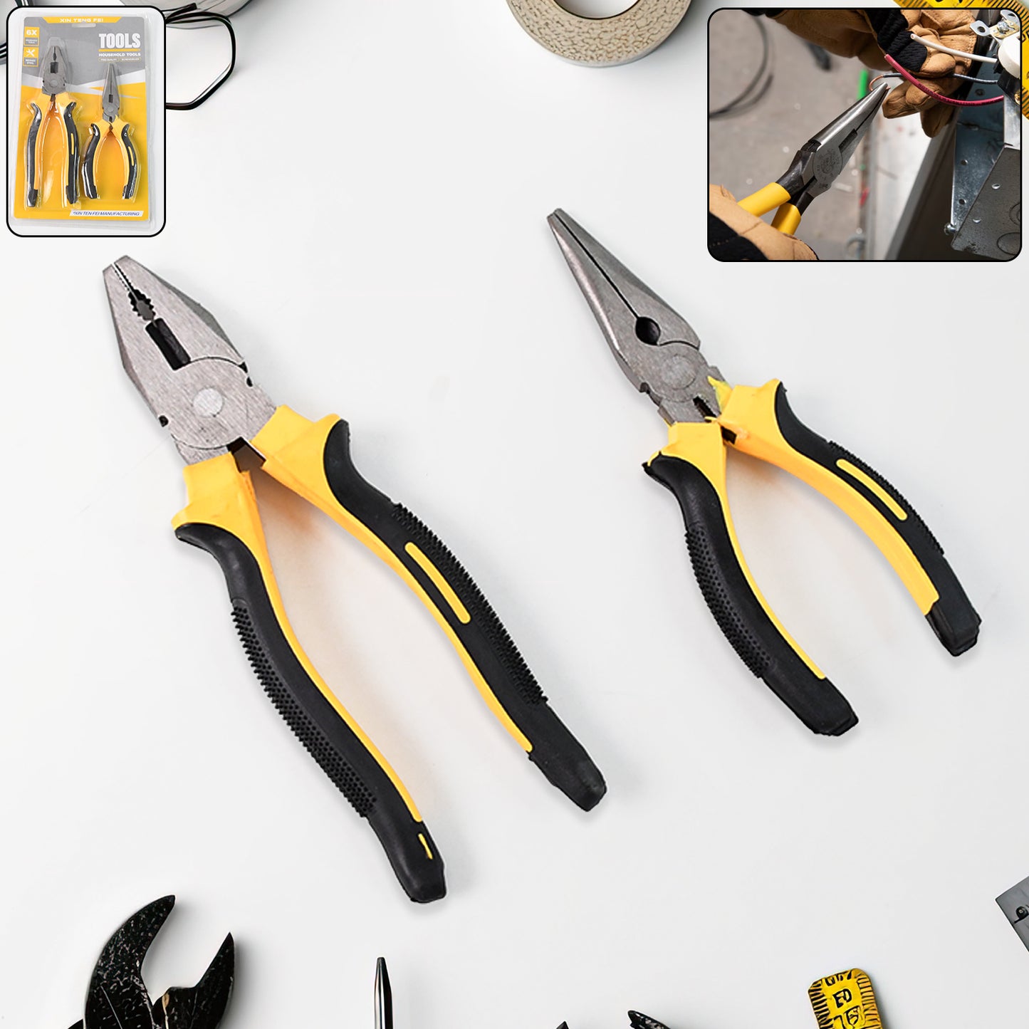 Wukusy long nose plier and flat mouth plier combo set for home improvement, shown with silver handles and precise jaw tips.