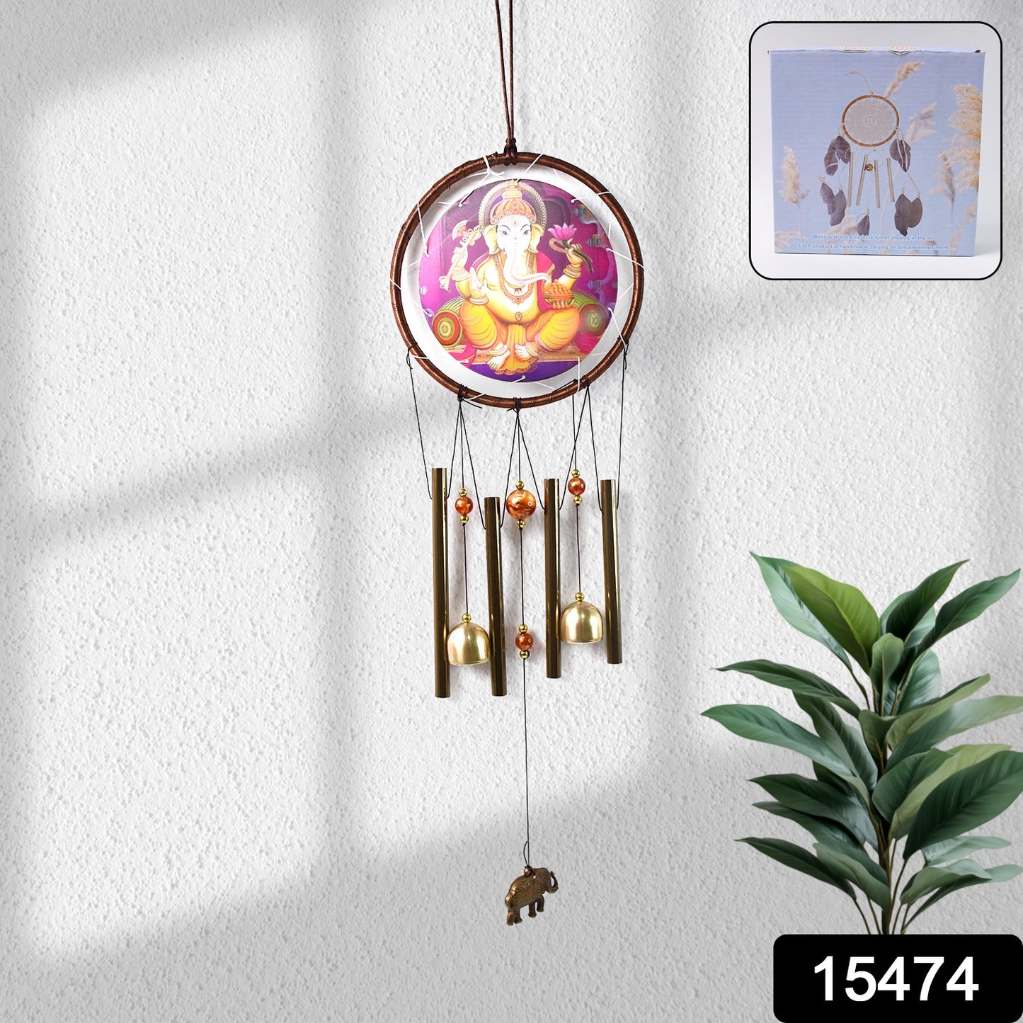 Wukusy Lord Ganesh outdoor hanging wind chimes with intricate design, suitable for home improvement and garden decor.