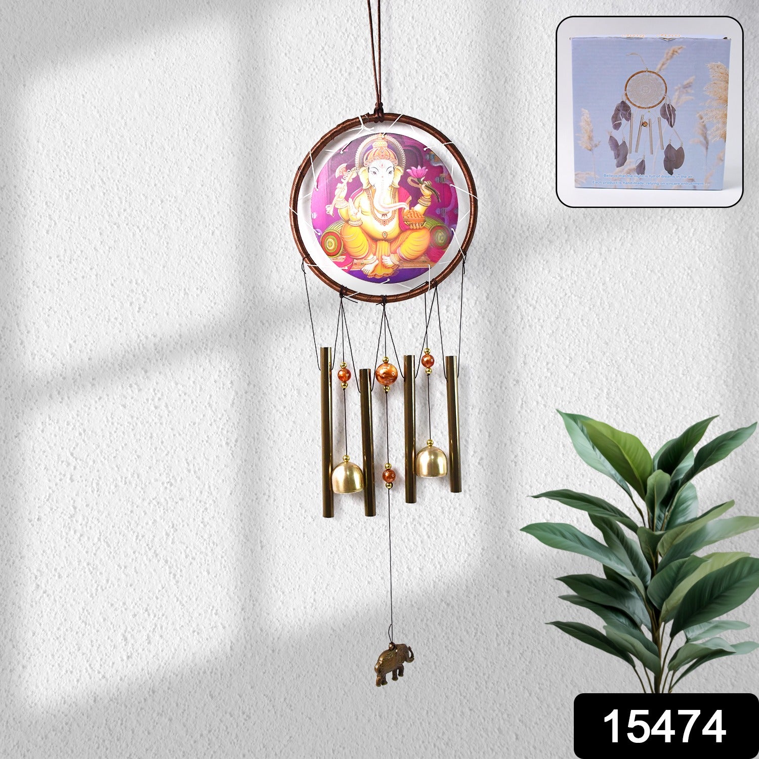 Wukusy Lord Ganesh outdoor hanging wind chimes with intricate design, suitable for home improvement and garden decor.