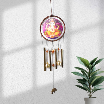 Wukusy Lord Ganesh outdoor hanging wind chimes made of metal with intricate Ganesh figure, designed for home decoration and outdoor use