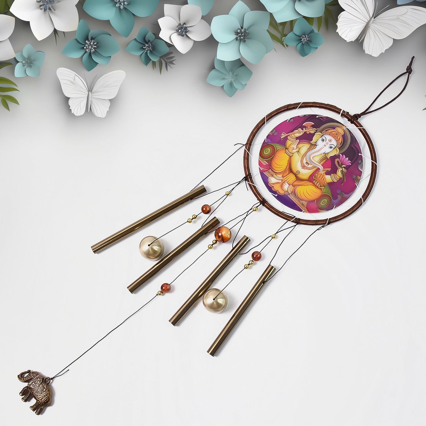 Wukusy Lord Ganesh outdoor hanging wind chimes, decorative metal wind chime with Ganesh design for home decor and outdoor use