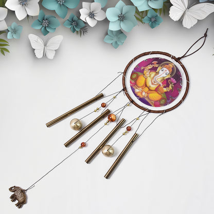 Wukusy Lord Ganesh outdoor hanging wind chimes, decorative metal wind chime with Ganesh design for home decor and outdoor use