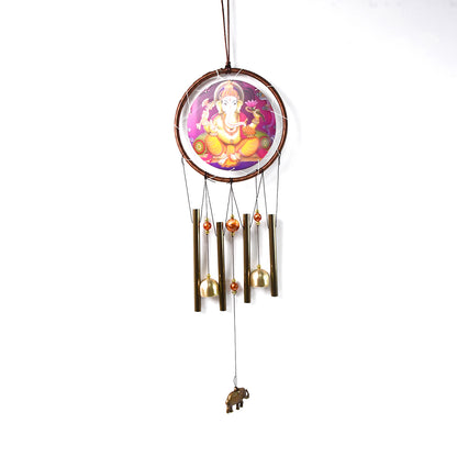 Wukusy Lord Ganesh outdoor hanging wind chimes for home improvement, decorative metal wind chime with Lord Ganesh figure.