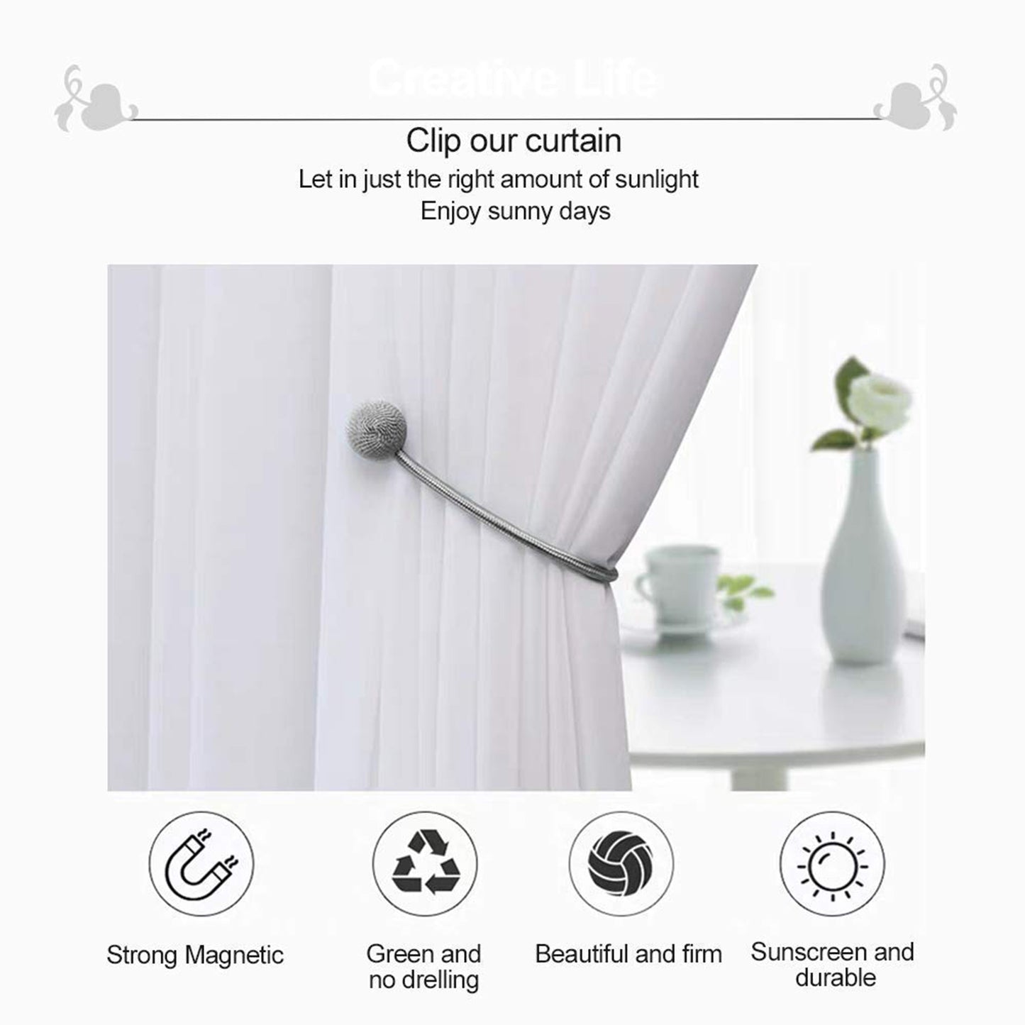 Wukusy magnetic curtain tiebacks, 2-piece set, for home improvement, shown holding back beige curtains with metal magnets.