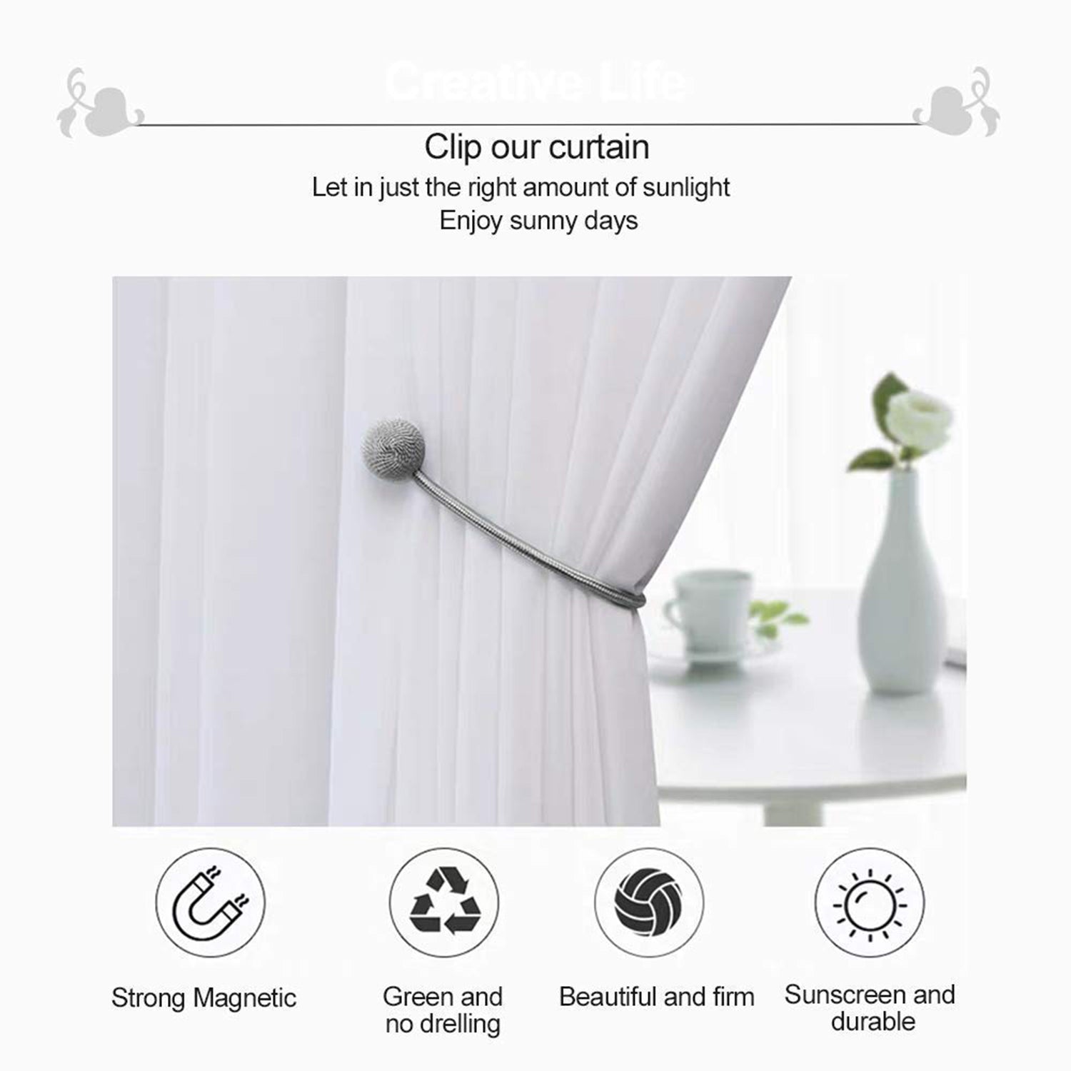 Wukusy magnetic curtain tiebacks, 2-piece set, for home improvement, shown holding back beige curtains with metal magnets.