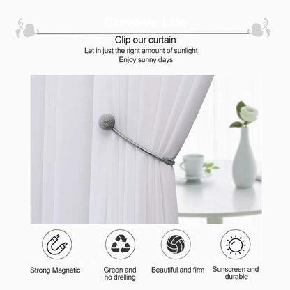 Wukusy magnetic curtain tiebacks, 2-piece set, for home improvement, shown holding back beige curtains with metal magnets.