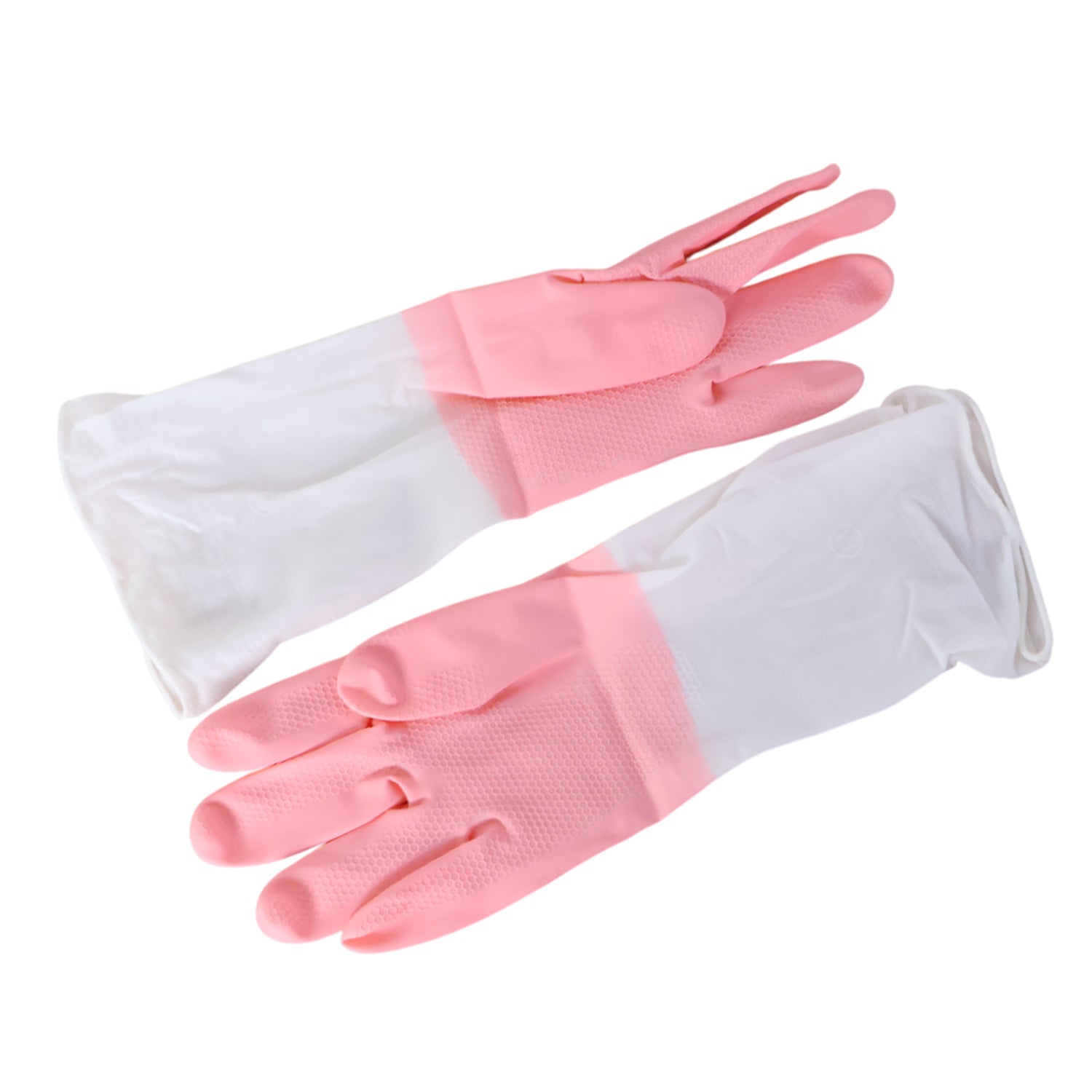 Pair of Wukusy medium reusable household cleaning gloves with long cuffs for durable hand protection during cleaning tasks.