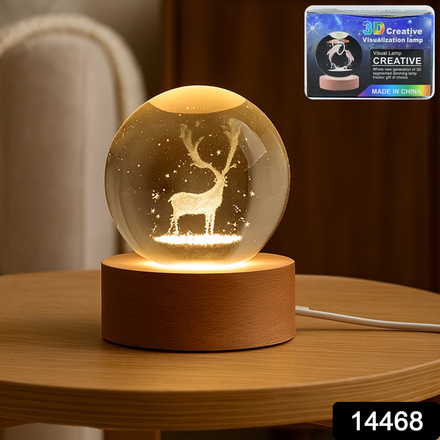 Wukusy Mela Crystal Ball Night Light with glass ball and wooden base, ideal for home lighting and decorative ambiance.